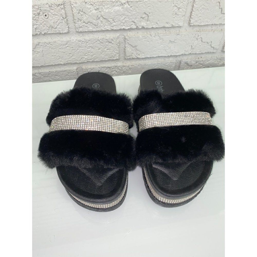 Babe Black & Rhinestone Platform Faux Fur Slides Size 8